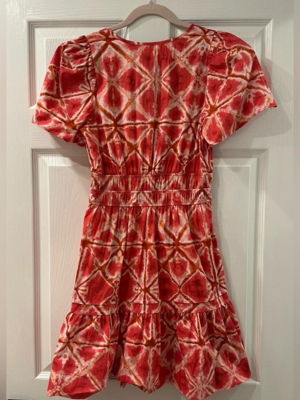 Anthropologie Somerset Mini Dress Pink Orange Tie Dye Smocked Waist Size:Small